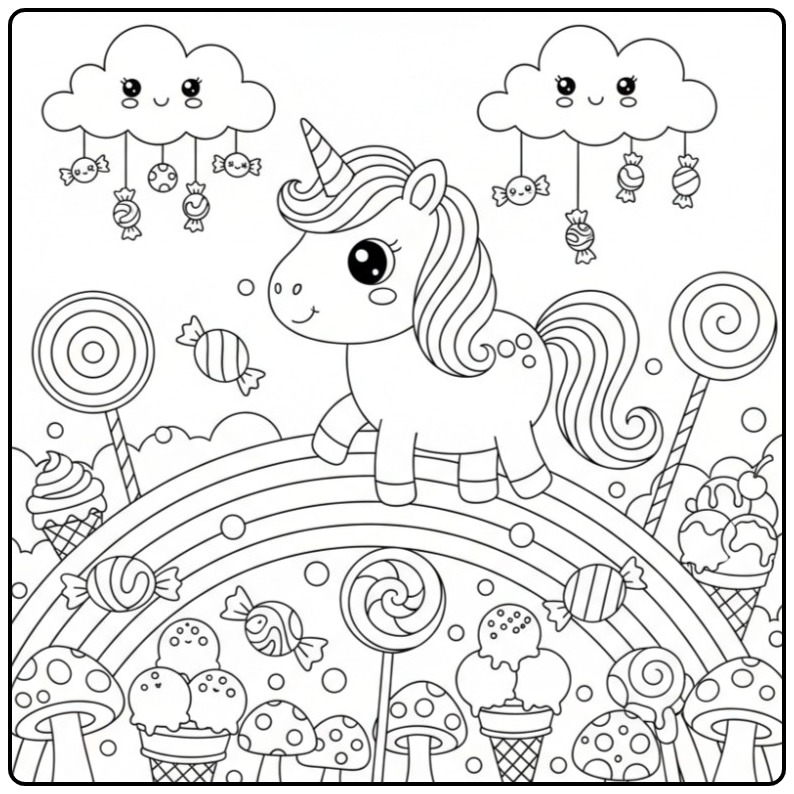 Schattige kleurplaat unicorn regenboog in een land vol snoep.