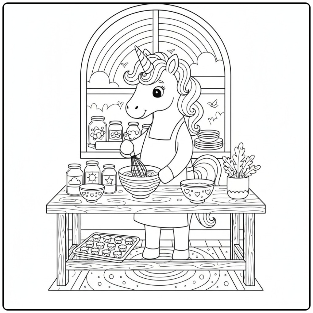 Een schattige kleurplaat unicorn regenboog die cupcakes bakt.