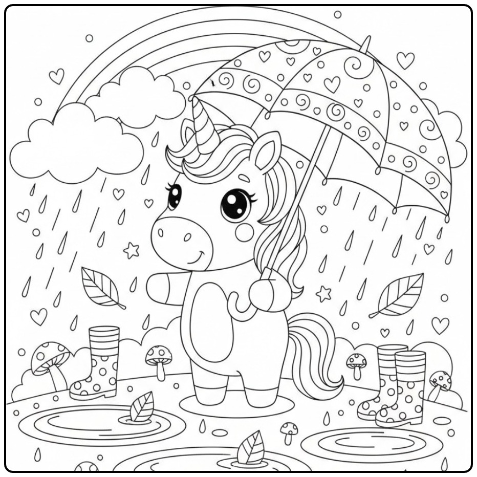 Een schattige kleurplaat unicorn regenboog in de herfstregen.