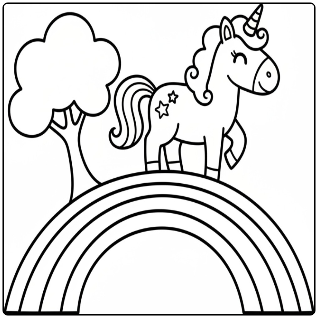 Een schattige kleurplaat unicorn regenboog en een boom.