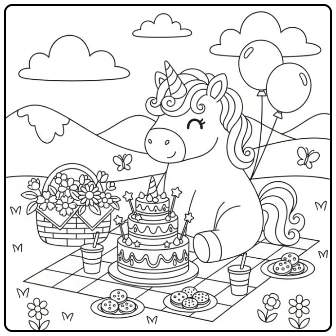 Kleurplaat unicorn taart: eenhoorn picknick met lekkernijen.