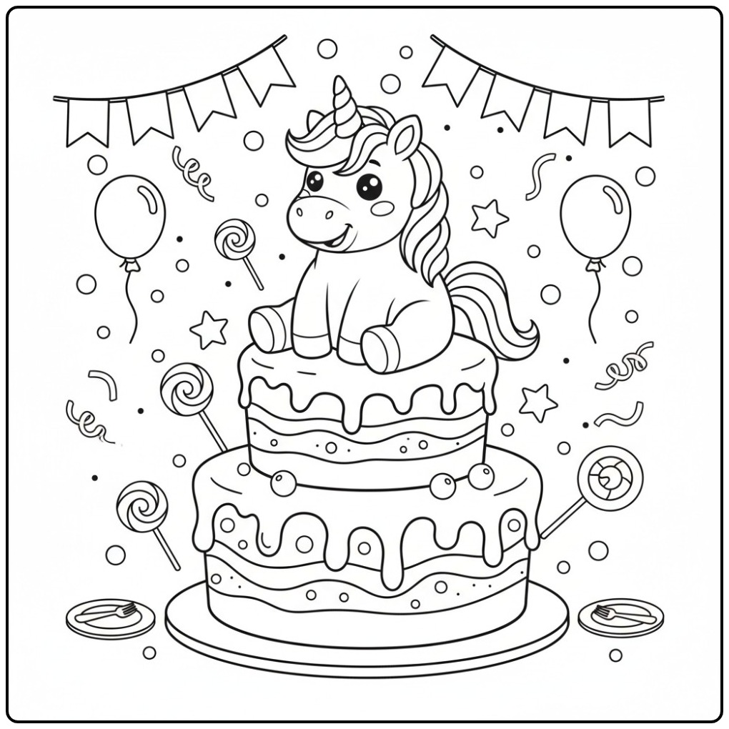 kleurplaat unicorn taart: eenhoorn op feestelijke cake met ballonnen