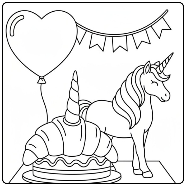 Printbare kleurplaat unicorn taart met een feestelijke ballon.