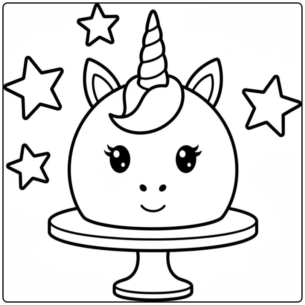 Schattige kleurplaat unicorn taart met fonkelende sterren.
