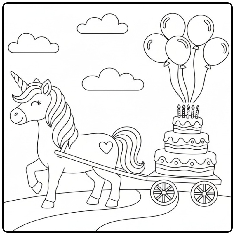 Een lieve kleurplaat unicorn verjaardag met een grote taart.