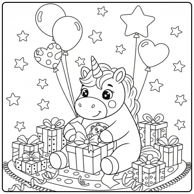 Leuke kleurplaat unicorn verjaardag met cadeaus, ballonnen en sterren.