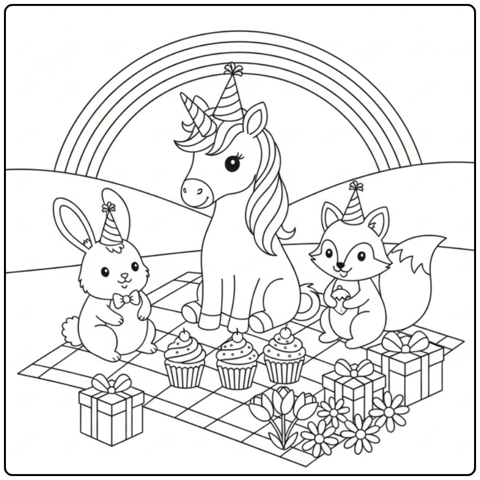 Leuke kleurplaat unicorn verjaardag met een konijn en een vos.