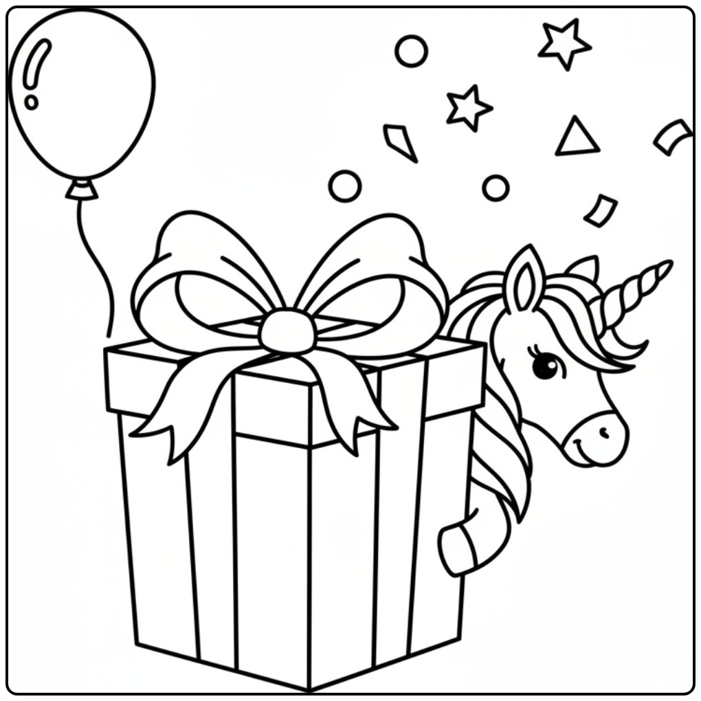 Een lieve kleurplaat unicorn verjaardag met een groot cadeau.
