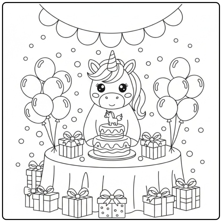 Een schattige kleurplaat unicorn verjaardag met taart, cadeaus en ballonnen.