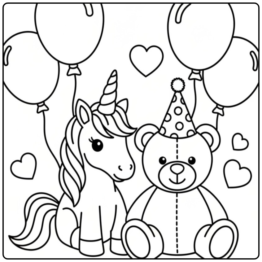 Een schattige kleurplaat unicorn verjaardag met een teddybeer.