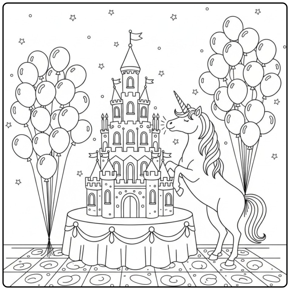 Feestelijke kleurplaat unicorn verjaardag met een kasteeltaart.