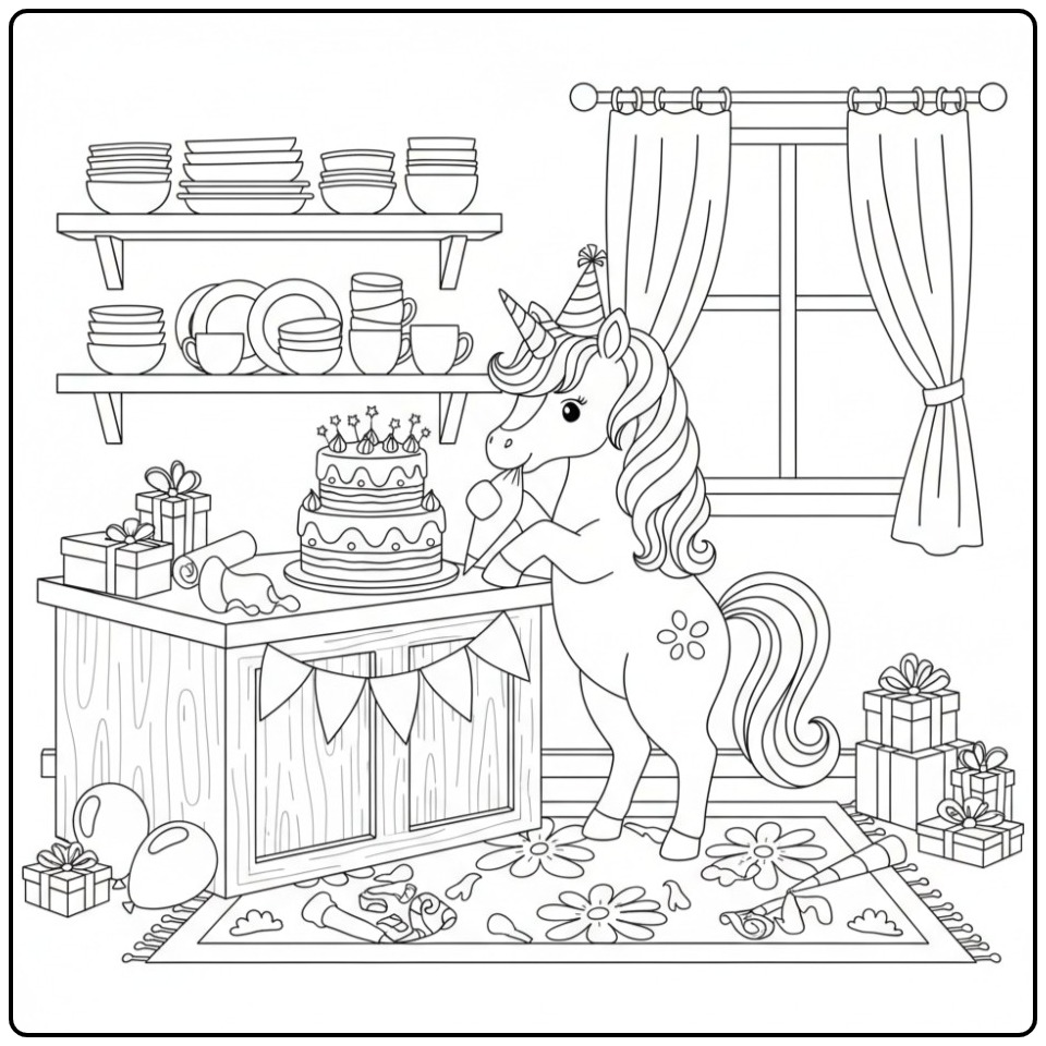 Een schattige kleurplaat unicorn verjaardag met een grote taart.