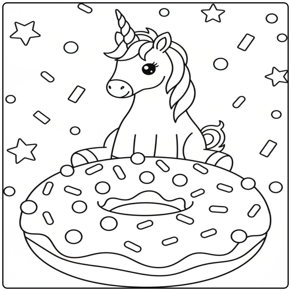 Een schattige kleurplaat unicorn verjaardag zittend op een donut.
