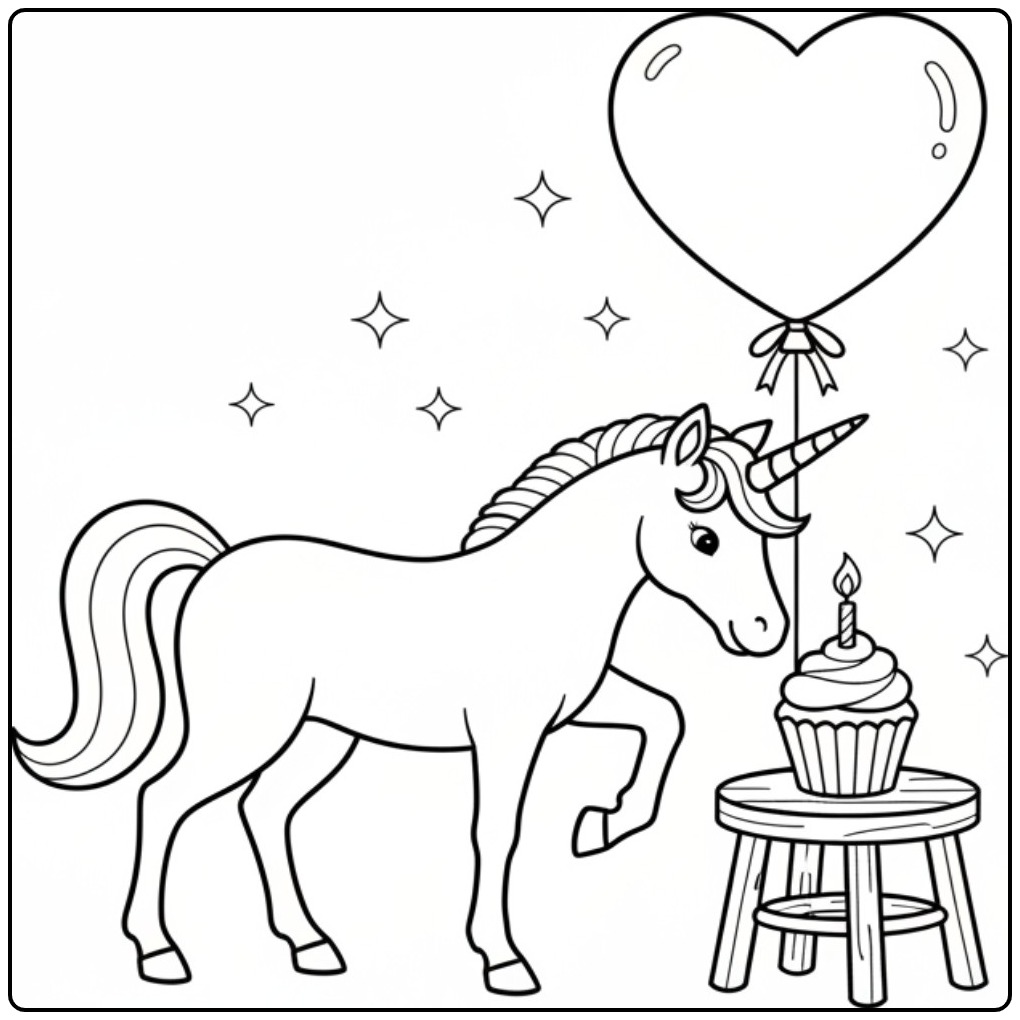 Magische kleurplaat unicorn verjaardag met cupcake en ballon.