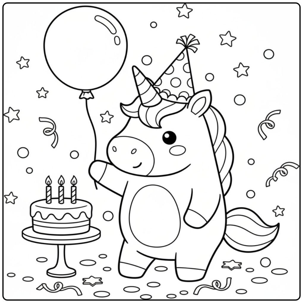 Kleurplaat unicorn verjaardag: eenhoorn met ballon en taart.