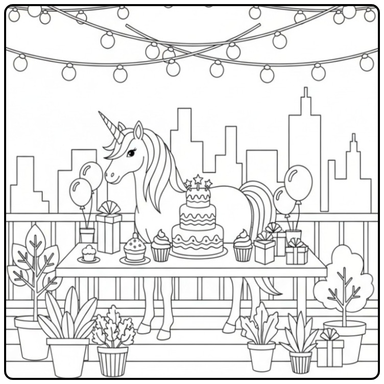 Een feestelijke kleurplaat unicorn verjaardag op een dakterras.