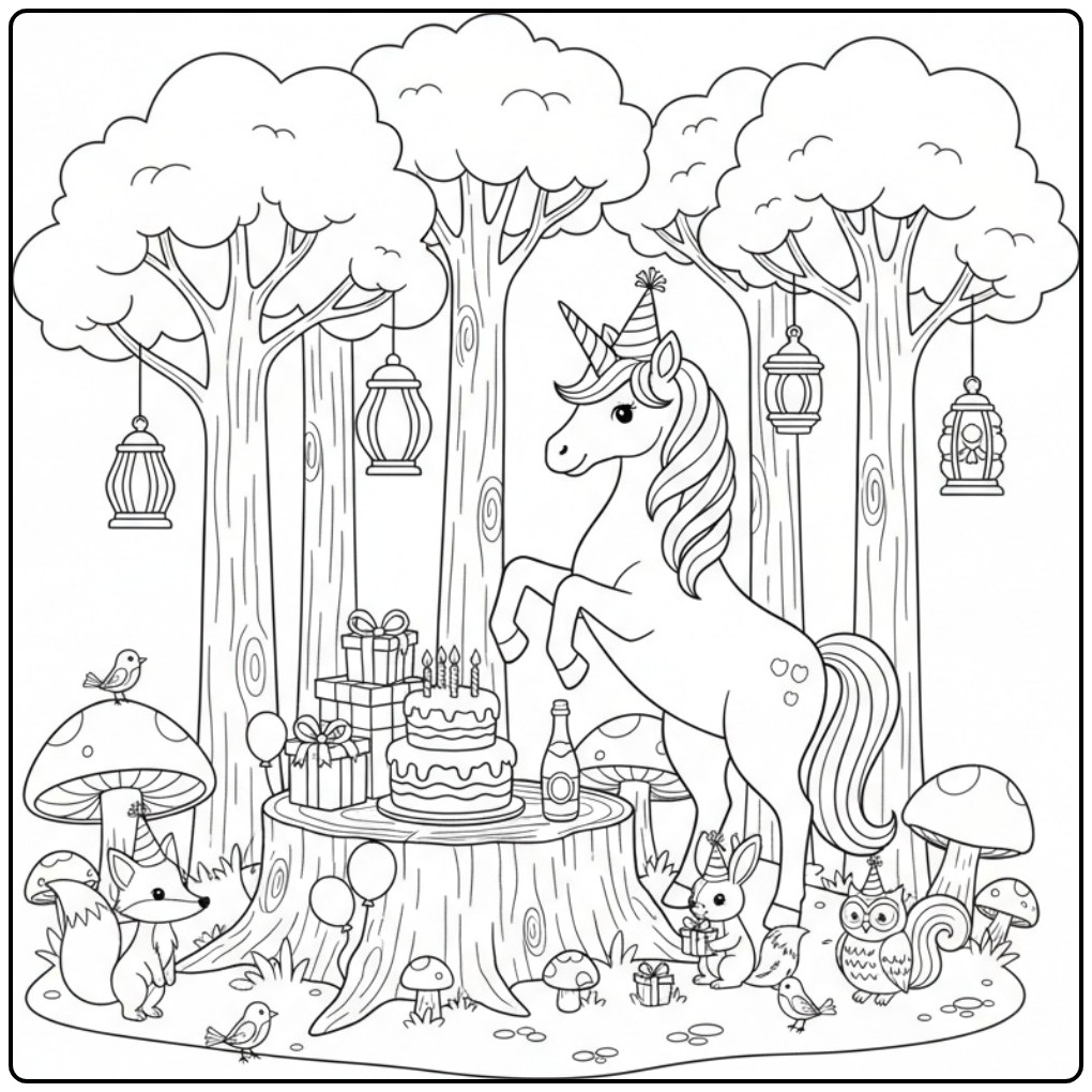 Een magische kleurplaat unicorn verjaardag met lieve bosdieren.