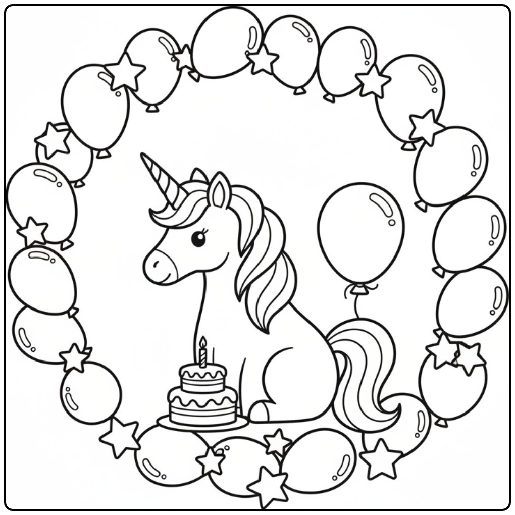 Leuke kleurplaat unicorn verjaardag met een taart en ballonnen.
