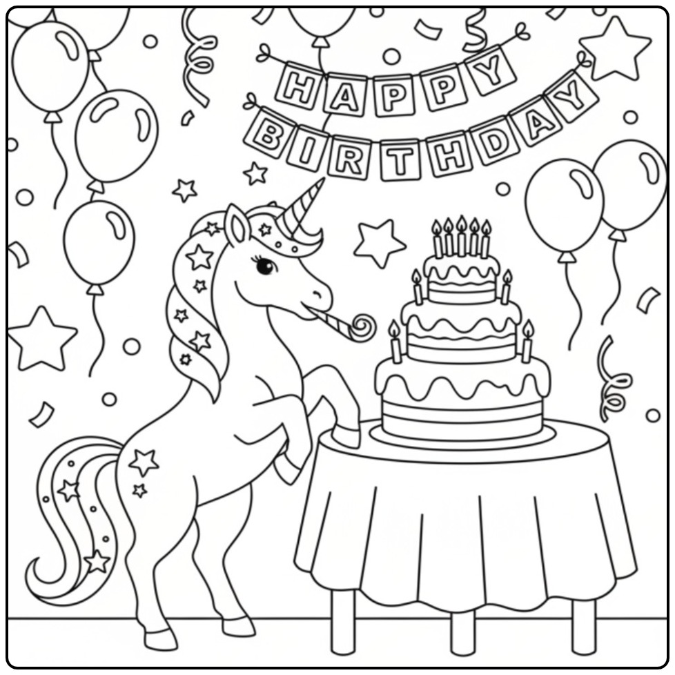 Een feestelijke kleurplaat unicorn verjaardag met taart.