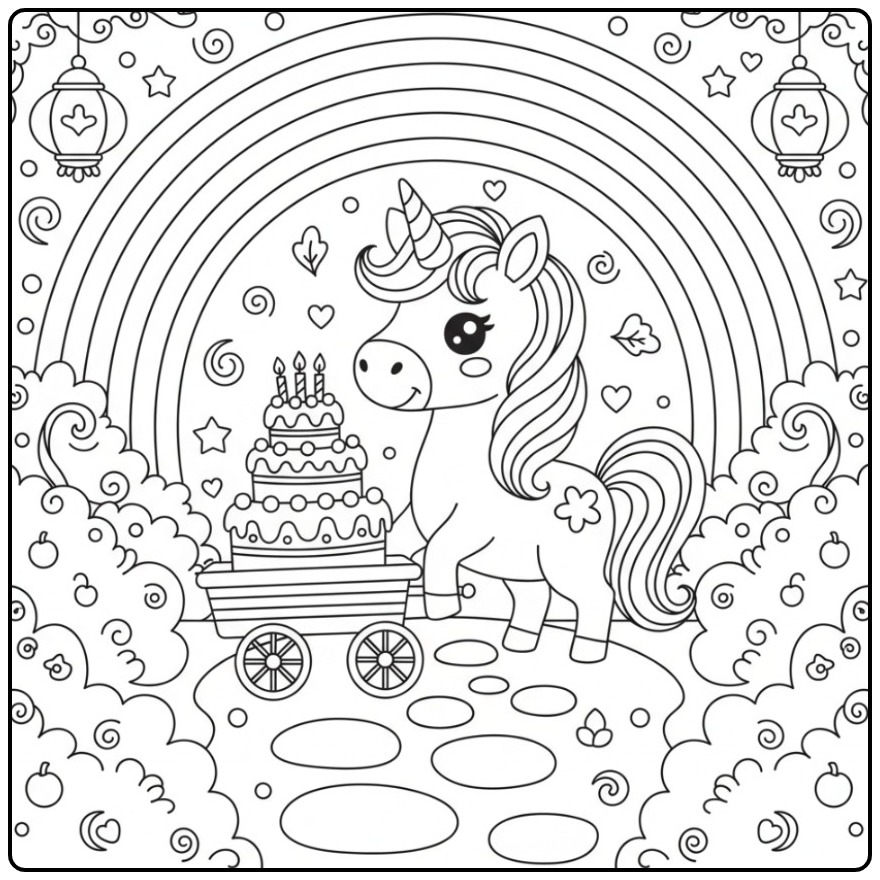 Kleurplaat unicorn verjaardagstaart met regenboog en lieve eenhoorn.