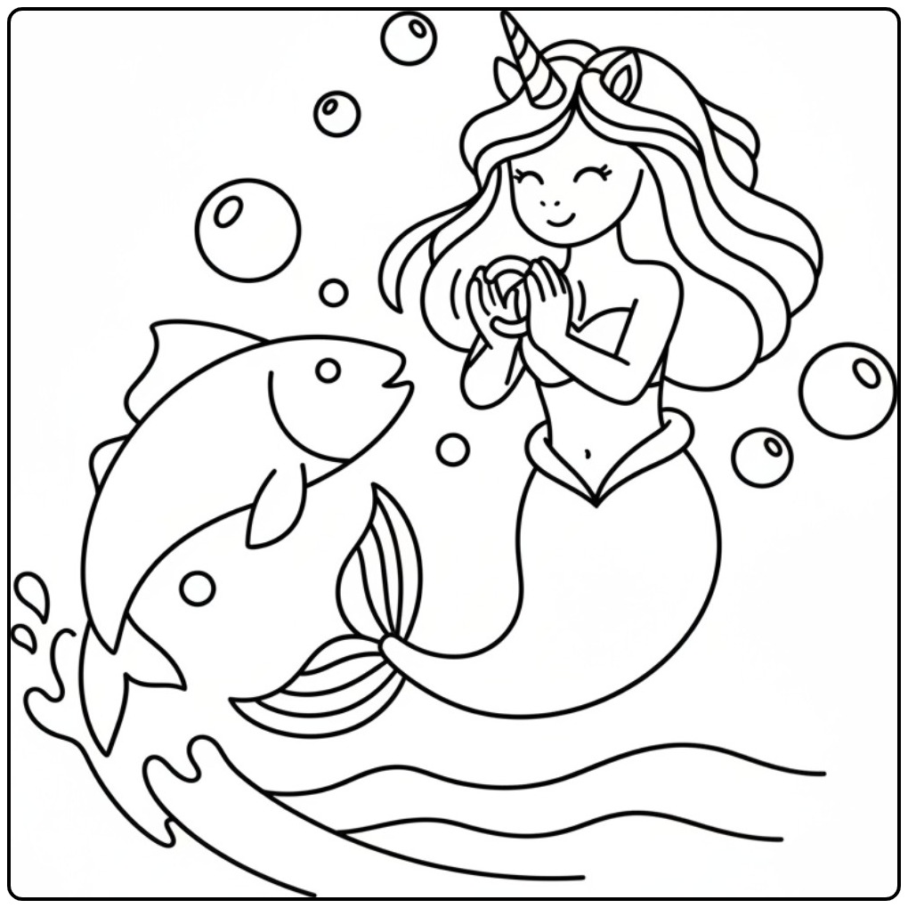 Een leuke kleurplaat unicorn zeemeermin met een vis en bubbels.