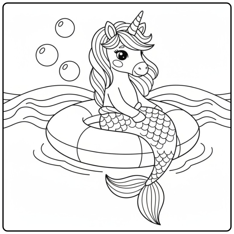 Schattige kleurplaat unicorn zeemeermin in een zwemband.