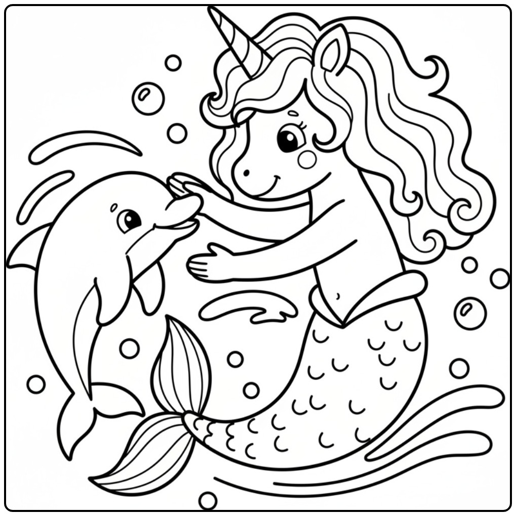 Schattige kleurplaat unicorn zeemeermin die met een dolfijn zwemt.