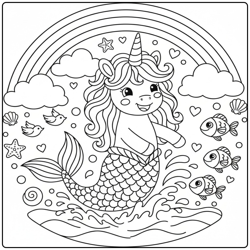 Een schattige Kleurplaat unicorn zeemeermin en regenboog.