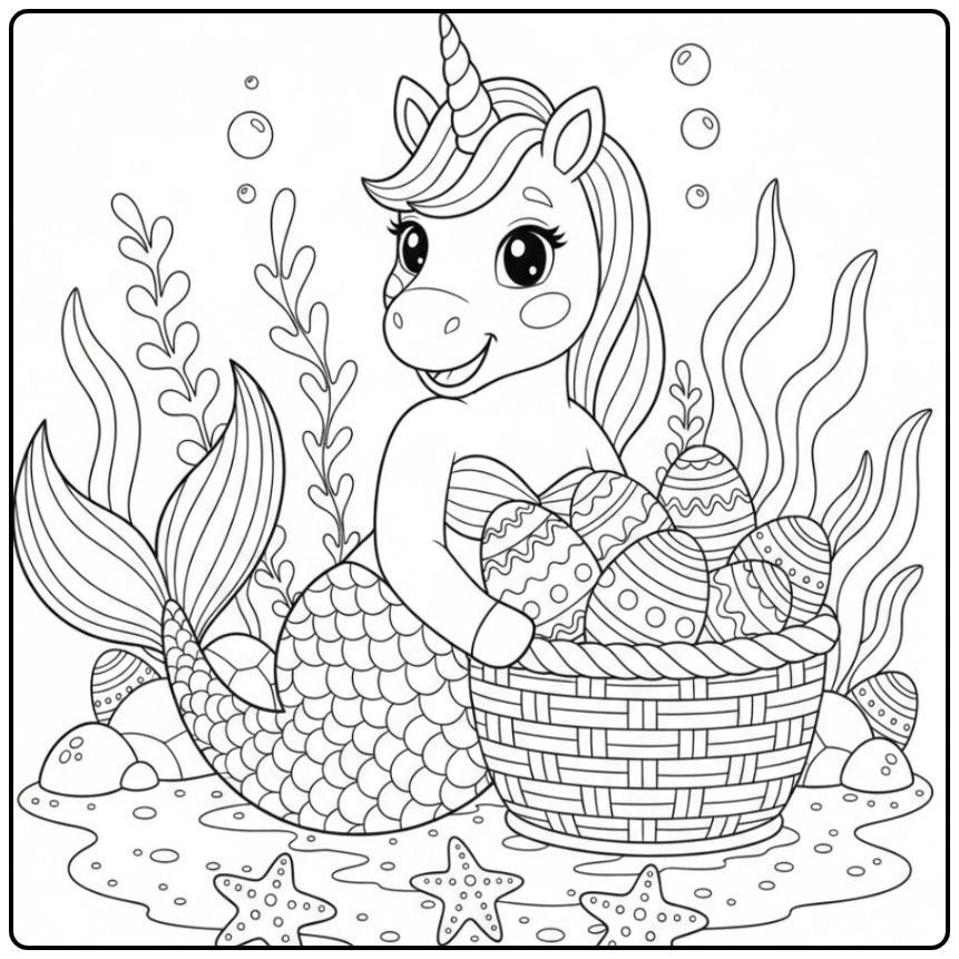 Leuke Kleurplaat unicorn zeemeermin met eieren paas onderwater.