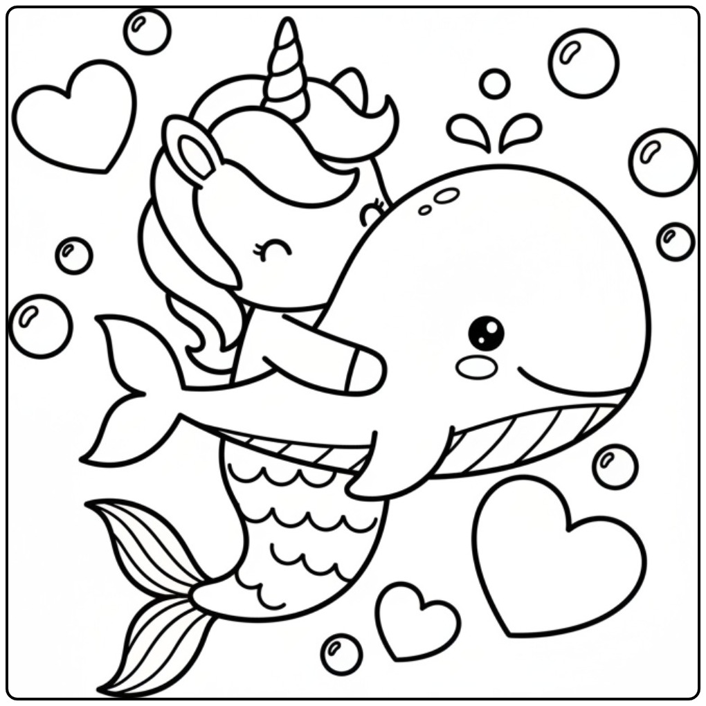 Schattige kleurplaat unicorn zeemeermin die een walvis knuffelt.