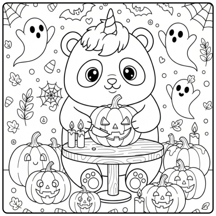 Schattige kleurplaat unicornpanda halloween met pompoenen.