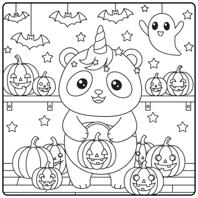 Een lieve kleurplaat unicornpanda halloween met pompoenen en een spook.