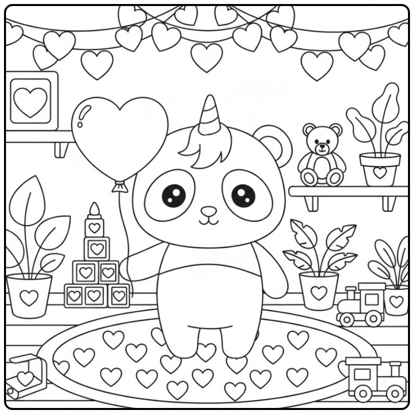 Schattige kleurplaat unicornpanda hartjes met een ballon.