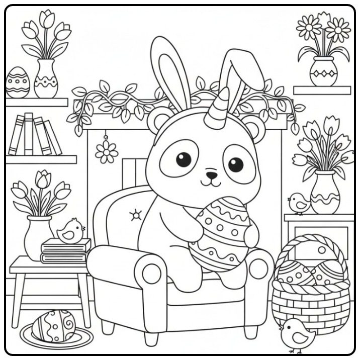 Een schattige kleurplaat unicornpanda pasen in een gezellige kamer.