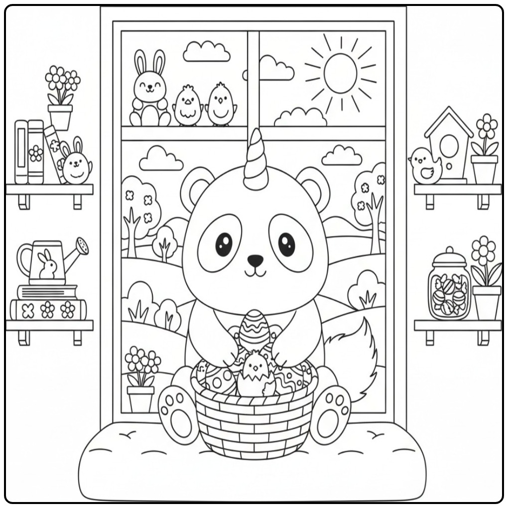 Schattige kleurplaat unicornpanda pasen met eieren en kuikens.