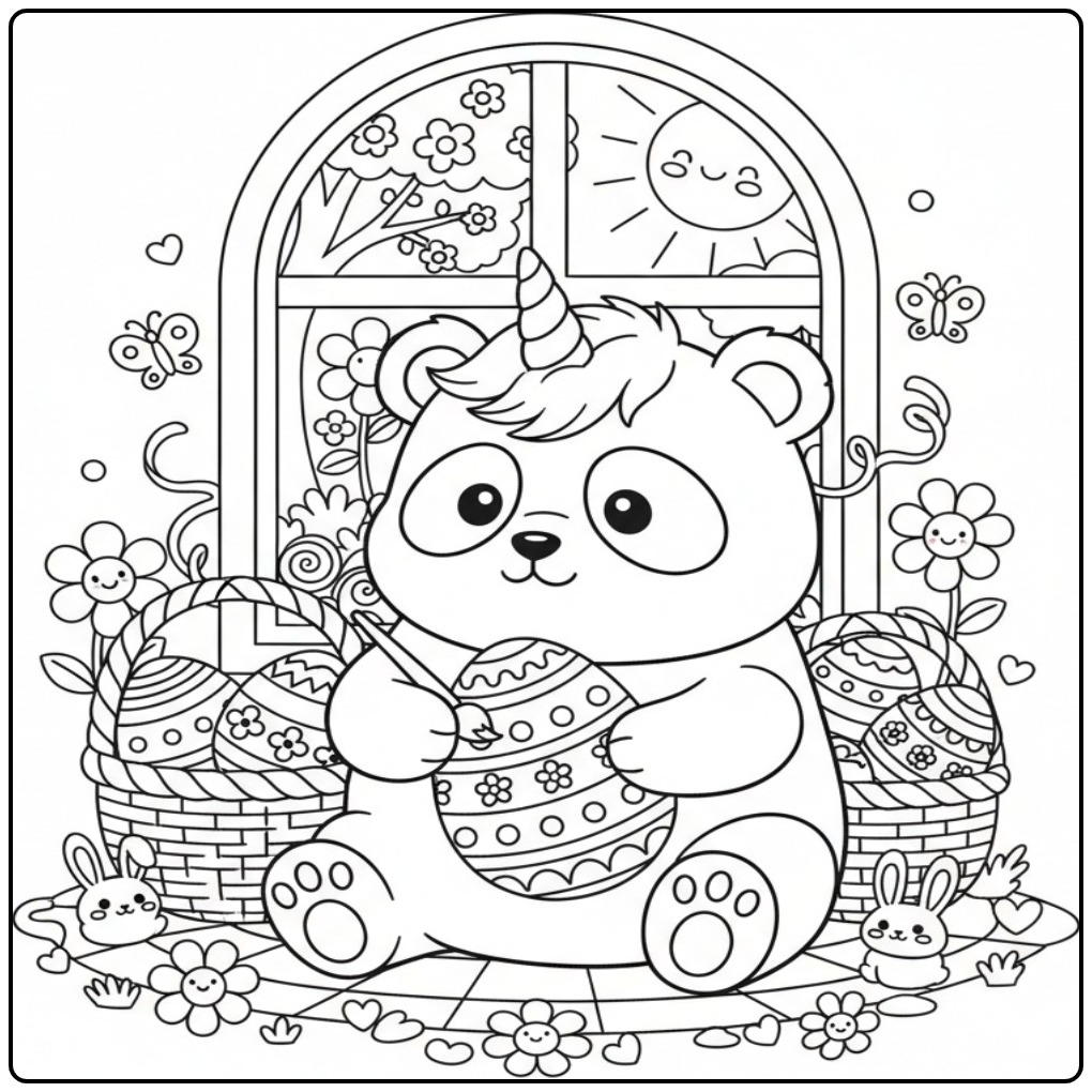 Een schattige kleurplaat unicornpanda pasen die een ei versiert.