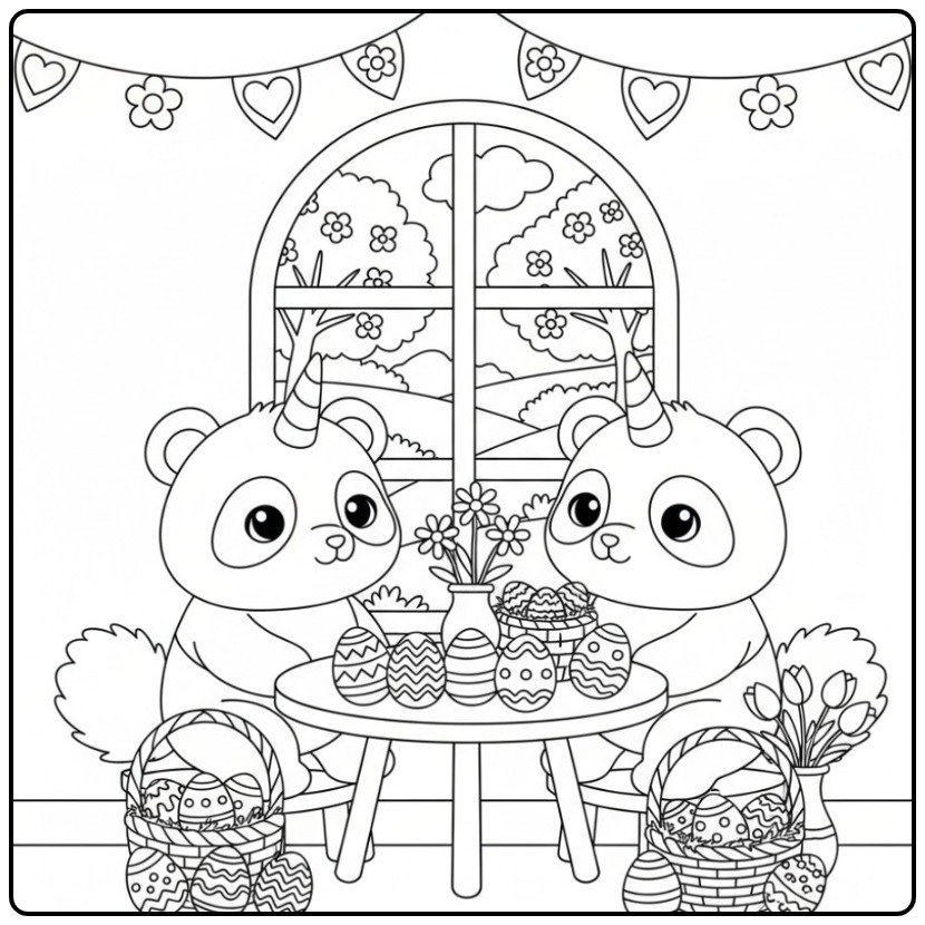 Een leuke kleurplaat unicornpanda pasen met eieren en bloemen.