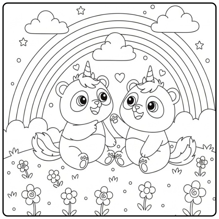 Twee schattige diertjes op deze kleurplaat unicornpanda regenboog.