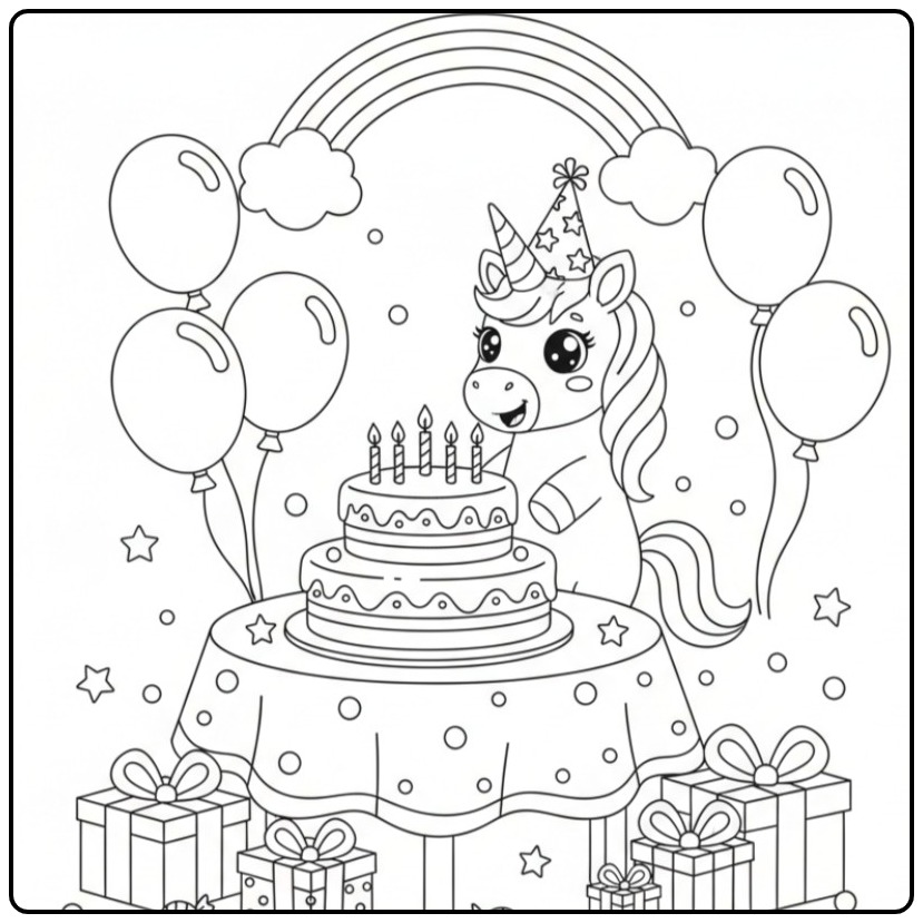 Printbare Kleurplaat van een unicorn en regenboog op een verjaardagsfeest.