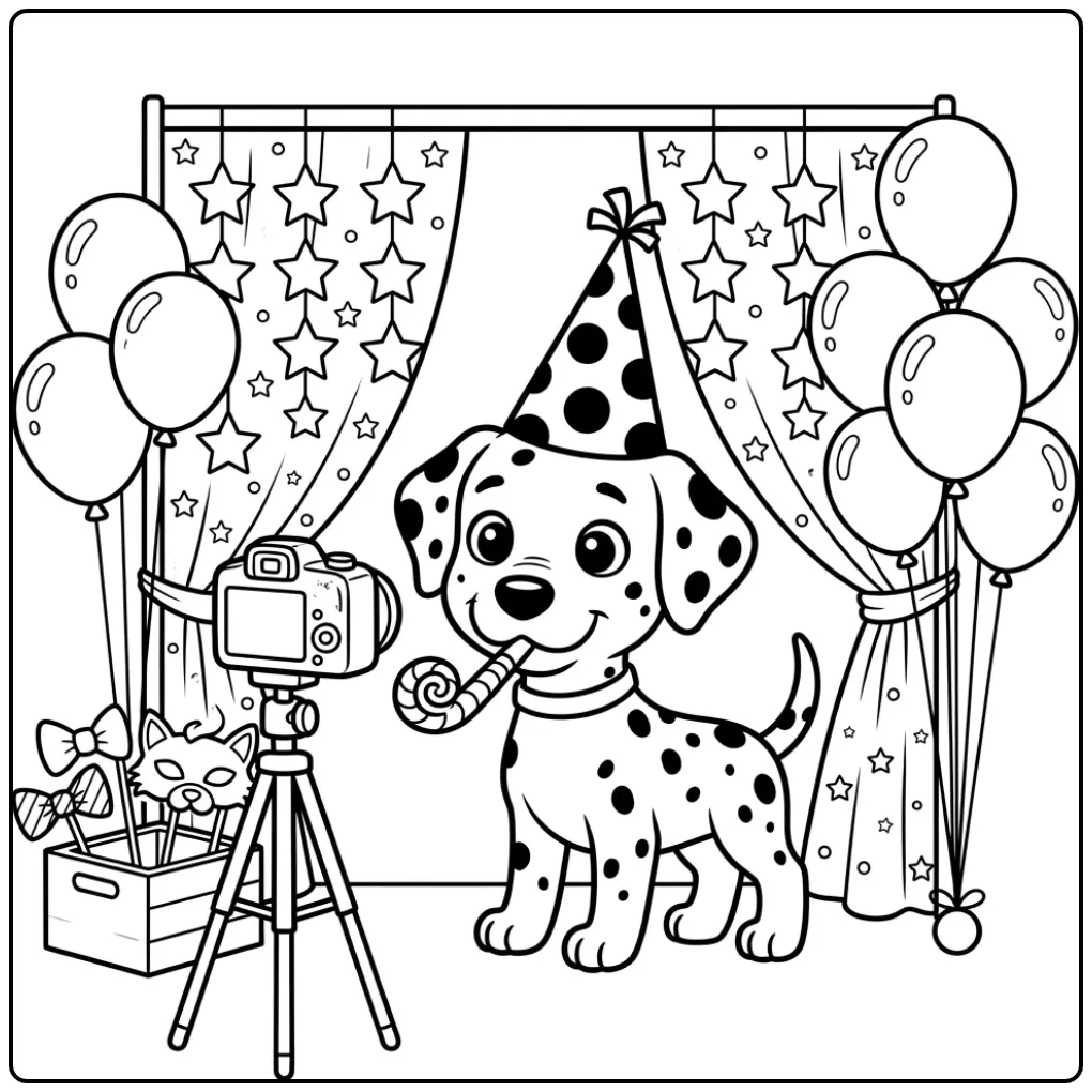 Kleurplaat verjaardag hondje Dalmatiër met feesthoed.