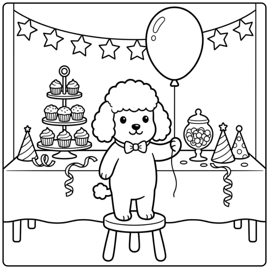 Schattige kleurplaat verjaardag hondje met ballon en taart.