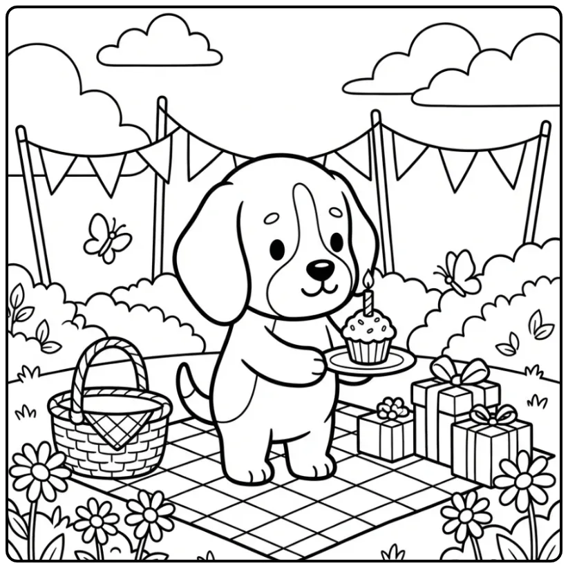 Schattige kleurplaat verjaardag hondje met cupcake in de tuin