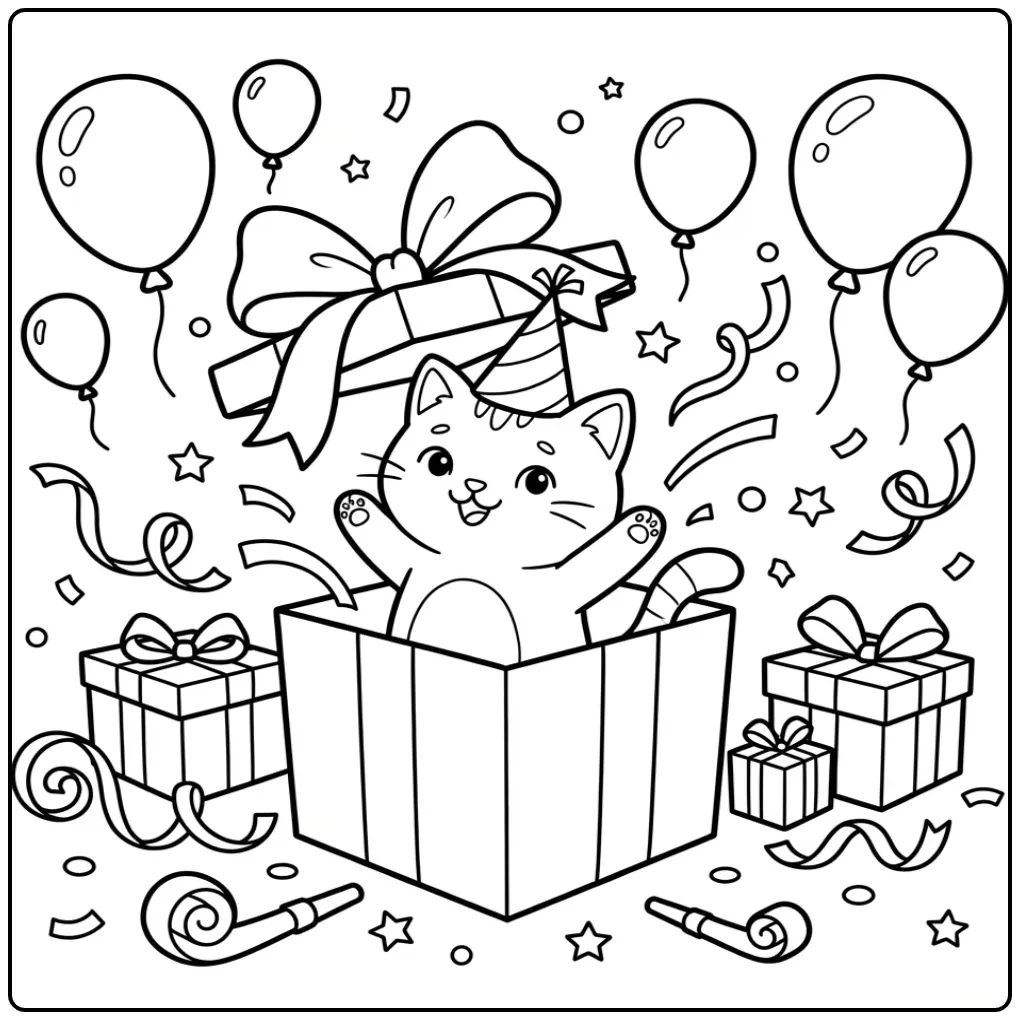 Feestelijke kleurplaat verjaardag kat met ballonnen en lint.