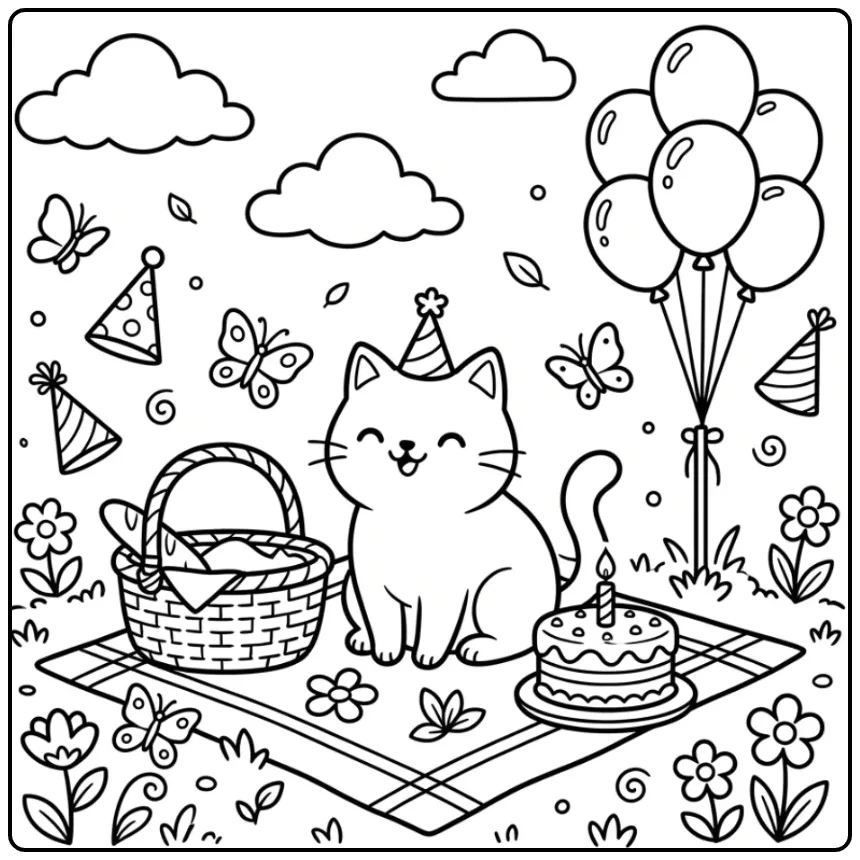 Schattige kleurplaat verjaardag kat in de tuin met taart.