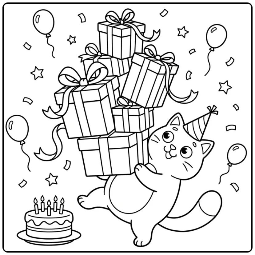 Grappige kleurplaat verjaardag kat met cadeaus en ballonnen.