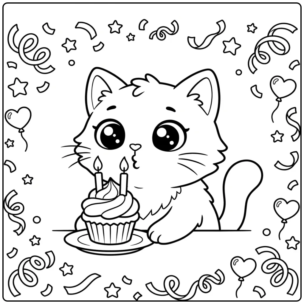 Een schattige kleurplaat verjaardag kat blaast kaarsjes uit.