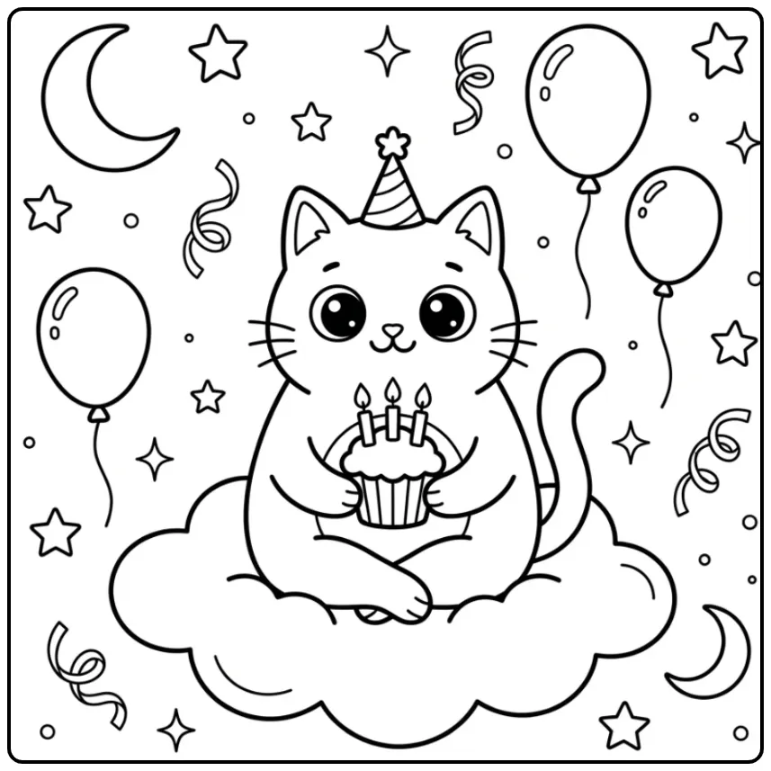 Magische kleurplaat verjaardag kat op een wolk met taart.