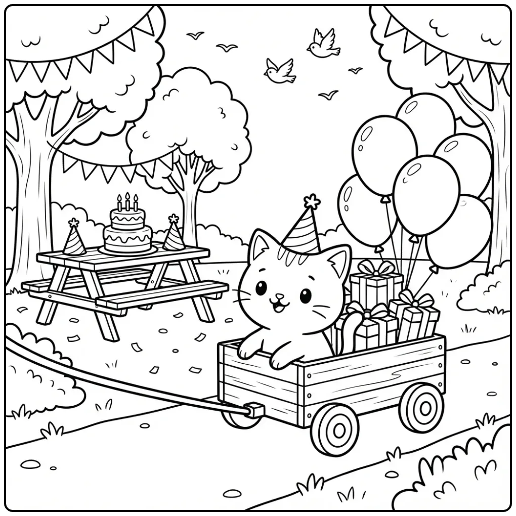 Schattige kleurplaat verjaardag kat in kar met ballonnen.