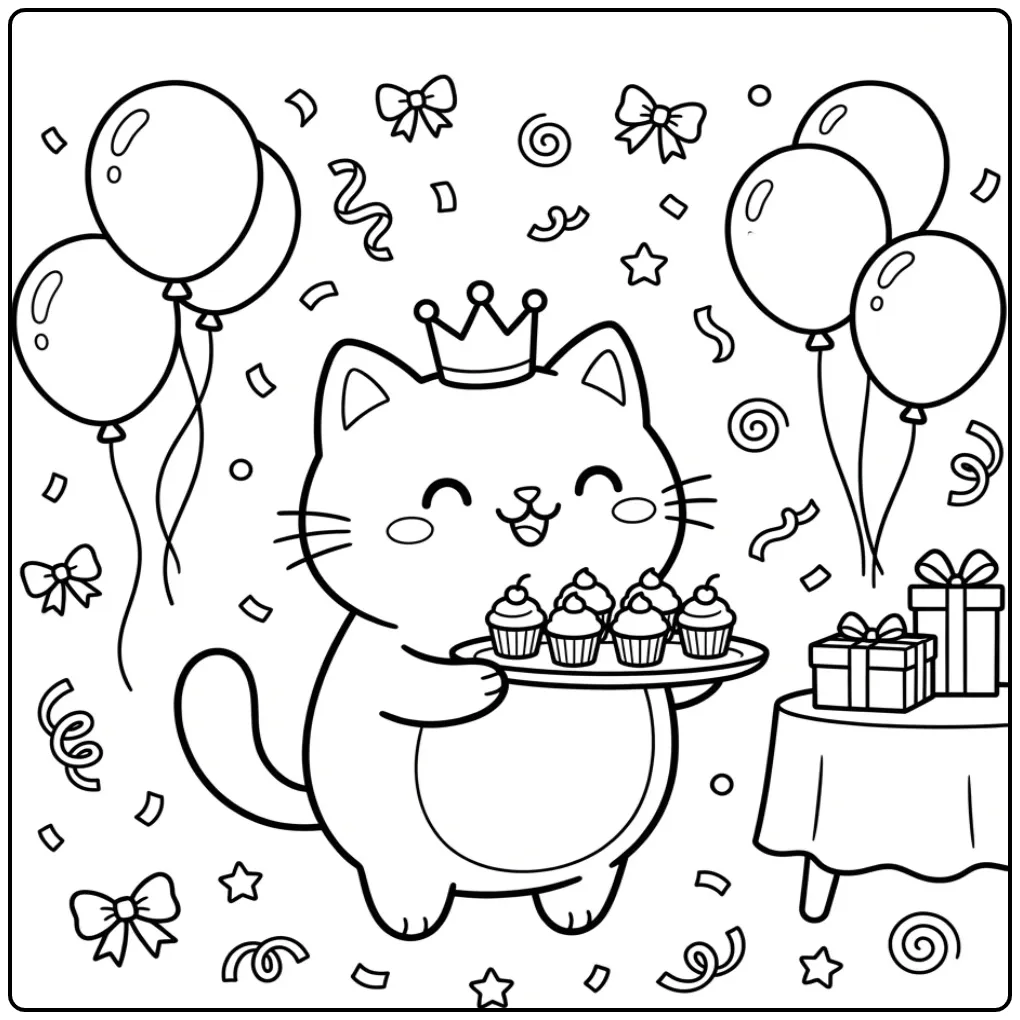 Schattige kleurplaat verjaardag kat met kroon en taartjes.