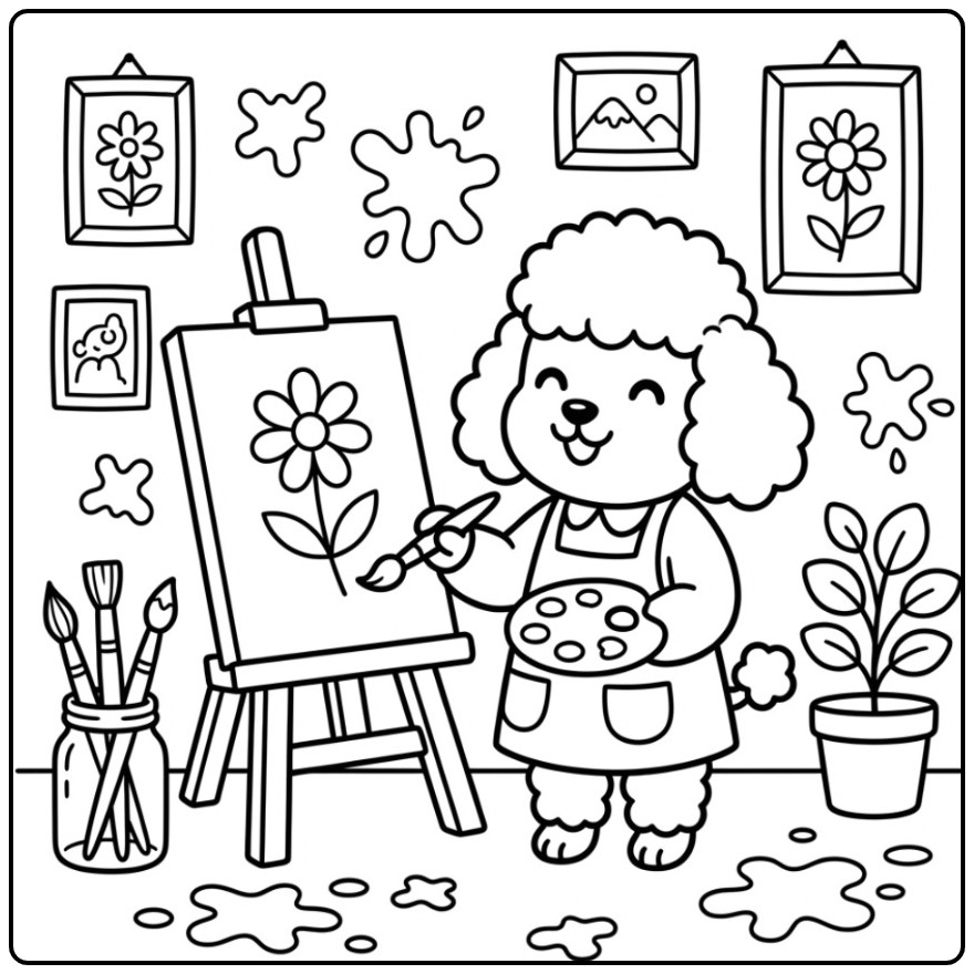 Kleurplaat poedel die een bloem schildert in een atelier.